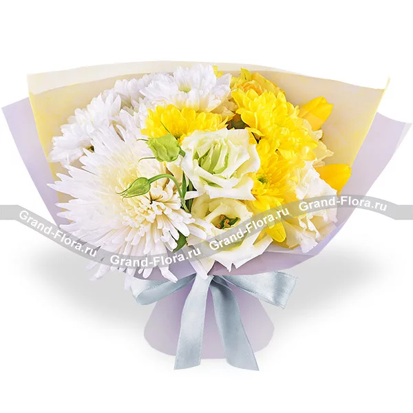 Солнечный остров – букет с желтыми кустовыми розами и хризантемой